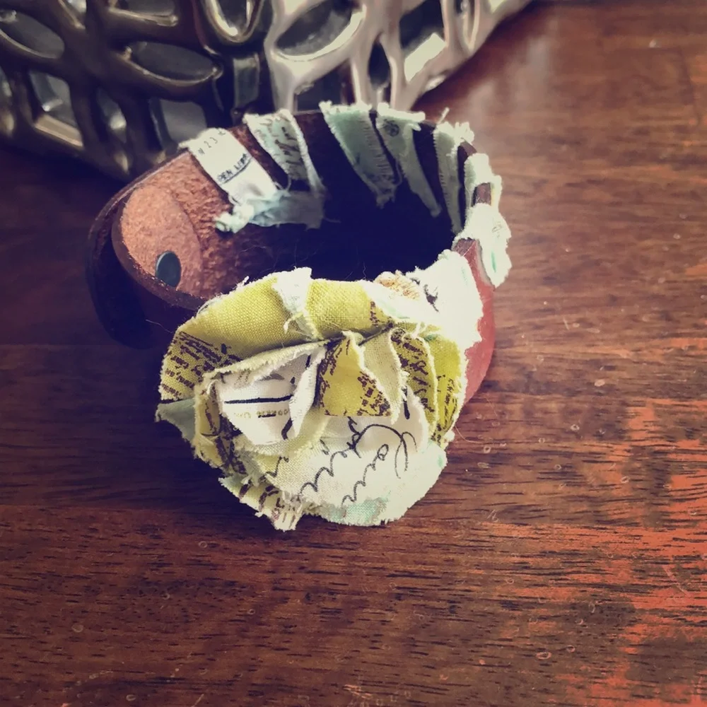 Unique Handmade Floral Bracelet Leather Fabric Rosette Cuff Button Snap 8.5